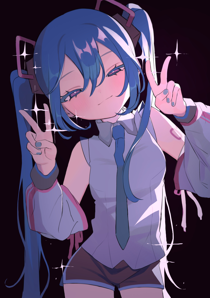 1girl, absurdres, aqua_nails, bare_shoulders, black_background, blue_hair, blue_necktie, blush