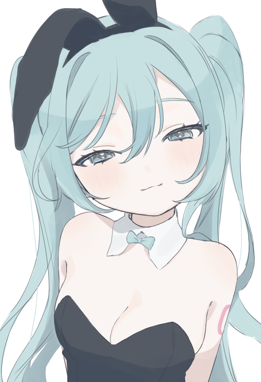 1girl, absurdres, animal_ears, aqua_bow, aqua_bowtie, aqua_eyes, aqua_hair, bare_shoulders