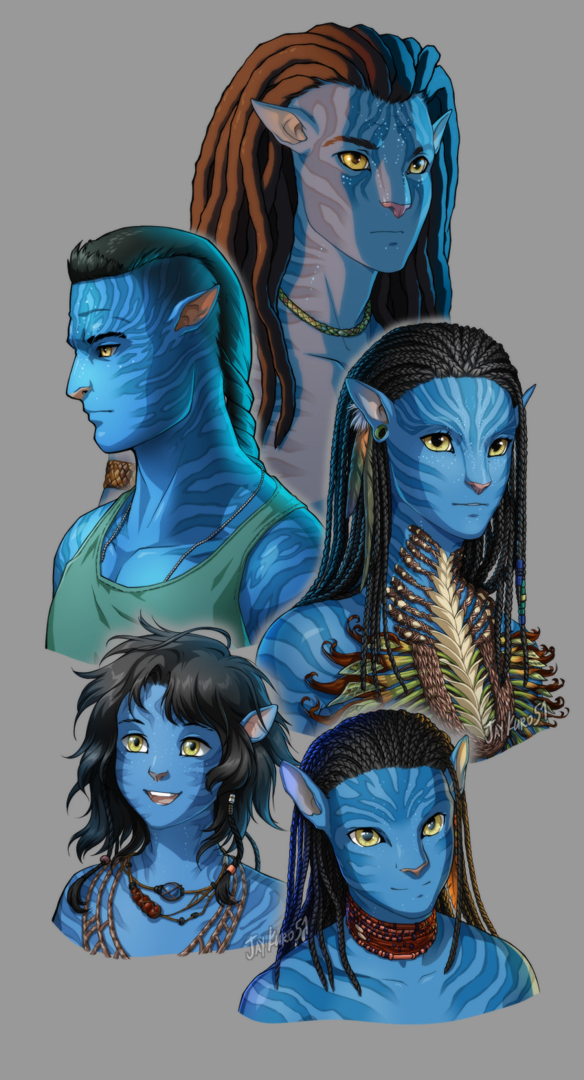 2girls, 3boys, absurdres, alien, avatar:_the_way_of_water, black_hair, blue_skin, colored_skin