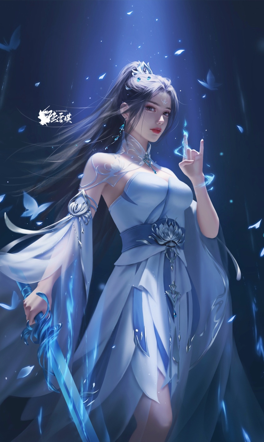 1girl, \n/, absurdres, black_hair, bug, butterfly, chinese_clothes, closed_mouth, dark, energy, expressionless, facial_mark, forehead_mark, hair_ornament, highres, holding, holding_sword, holding_weapon, huahua_de_lao_fei, insect, jian_(weapon), long_hair, looking_at_viewer, lu_xueqi_(zhu_xian), ponytail, realistic, second-party_source, single_bare_leg, solo, spotlight, sword, upper_body, weapon, zhu_xian