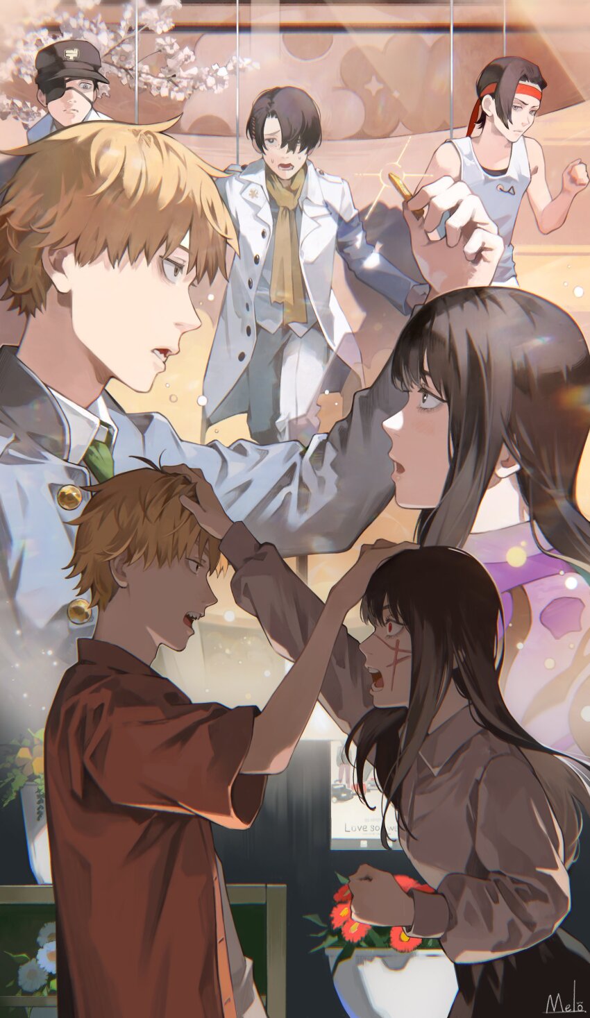 2girls, 4boys, absurdres, akoku_seigi, artist_name, black_hair, blonde_hair, blue_jacket, chainsaw_man, coat, collared_shirt, denji_(chainsaw_man), eyepatch, facial_scar, flower_pot, formal_clothes, green_necktie, hair_ornament, hair_over_one_eye, hairclip, hand_on_another's_head, headband, higashiyama_nobana, highres, iseumi_haruka, jacket, kobeni_otouto, kyuuba_melo, long_hair, looking_at_another, looking_at_viewer, mitaka_asa, multiple_boys, multiple_girls, necktie, open_mouth, pull_cord, red_eyes, scar, scar_on_cheek, scar_on_face, scarf, shirt, short_hair, single_sidelock, skirt, smile, suit, suit_jacket, sweat, swept_bangs, tank_top, white_coat, white_shirt, white_tank_top, yellow_scarf, yoru_(chainsaw_man)