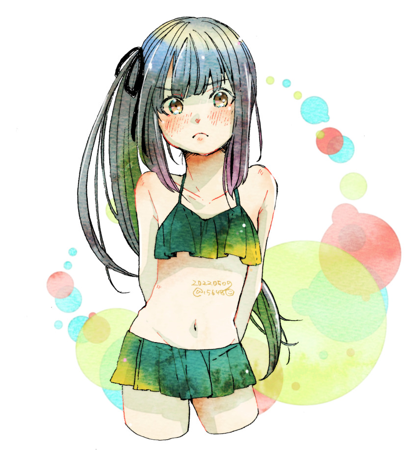 1girl, arms_behind_back, bikini, brown_eyes, circle, collarbone, commentary_request, contrapposto, cowboy_shot, cropped_legs, dated, frilled_bikini, frills, frown, green_bikini, grey_hair, groin, hair_ribbon, highres, ichigo6480, kantai_collection, kasumi_(kancolle), kasumi_kai_ni_(kancolle), kasumi_kai_ni_(swimsuit)_(kancolle), long_hair, lowleg, lowleg_skirt, miniskirt, navel, pleated_skirt, ribbon, side_ponytail, sidelocks, signature, skirt, solo, swimsuit, twitter_username