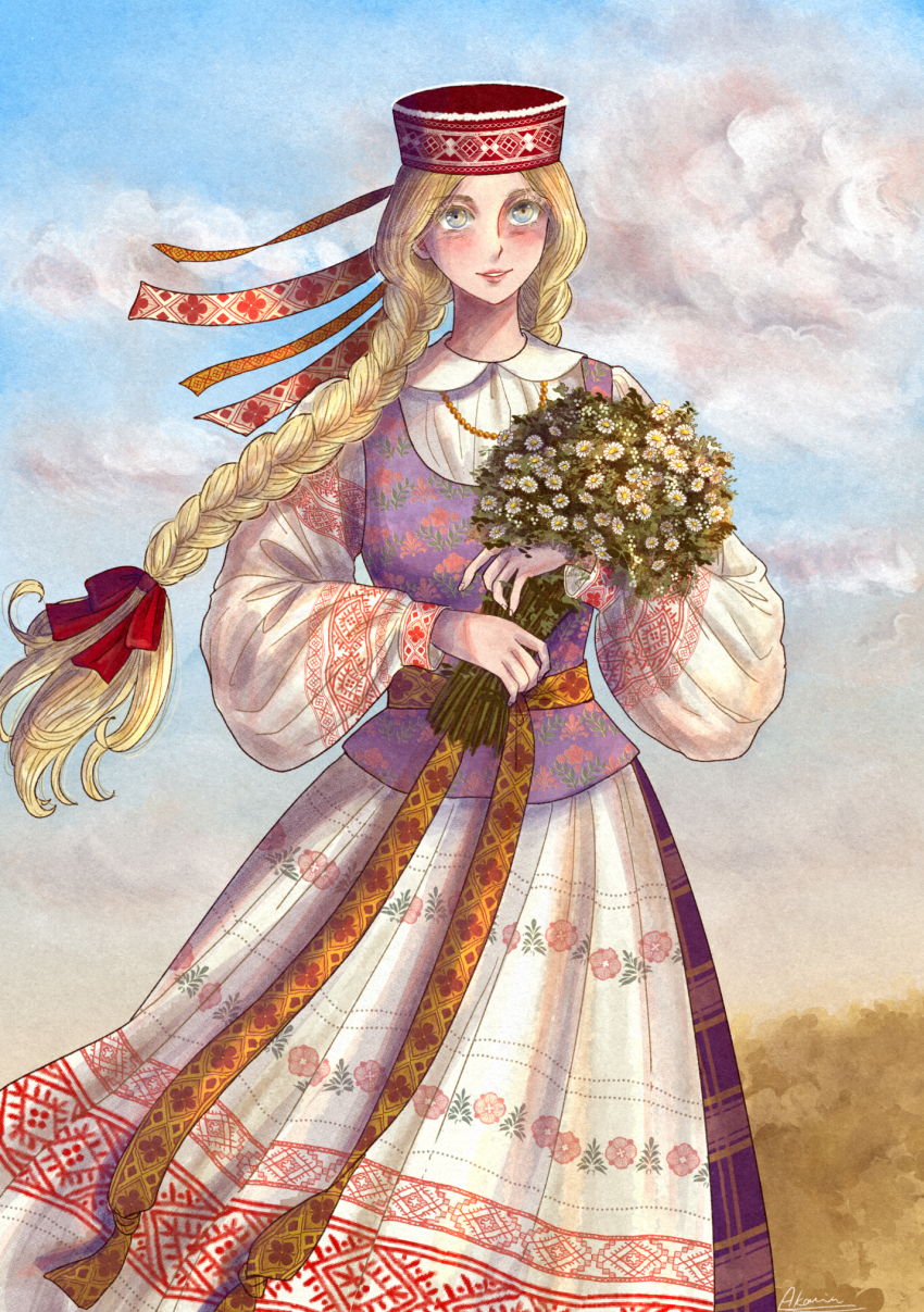 1girl, akrn_lumina7, blonde_hair, blue_eyes, blush, bouquet, braid, cloud