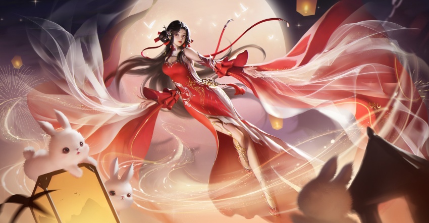 1girl, absurdres, aerial_fireworks, bare_legs, blush, brown_hair, chest_cutout, chinese_clothes