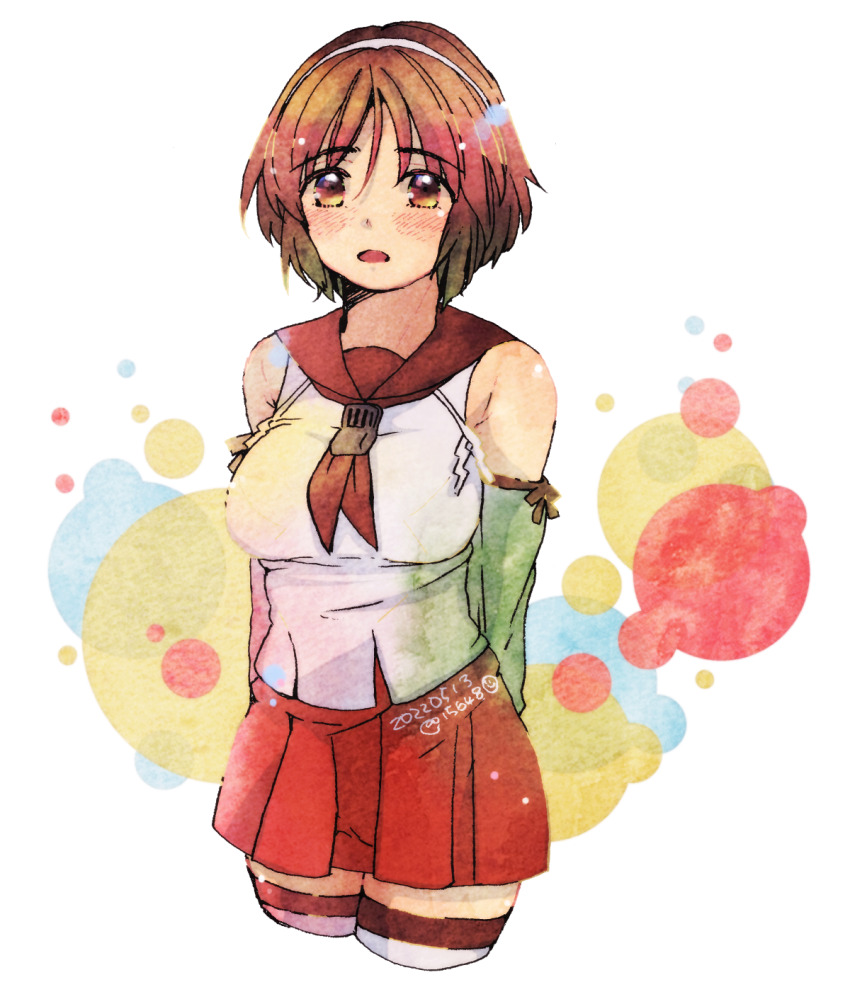 1girl, arms_behind_back, breasts, brown_eyes, brown_hair, brown_sailor_collar, commentary_request, cowboy_shot