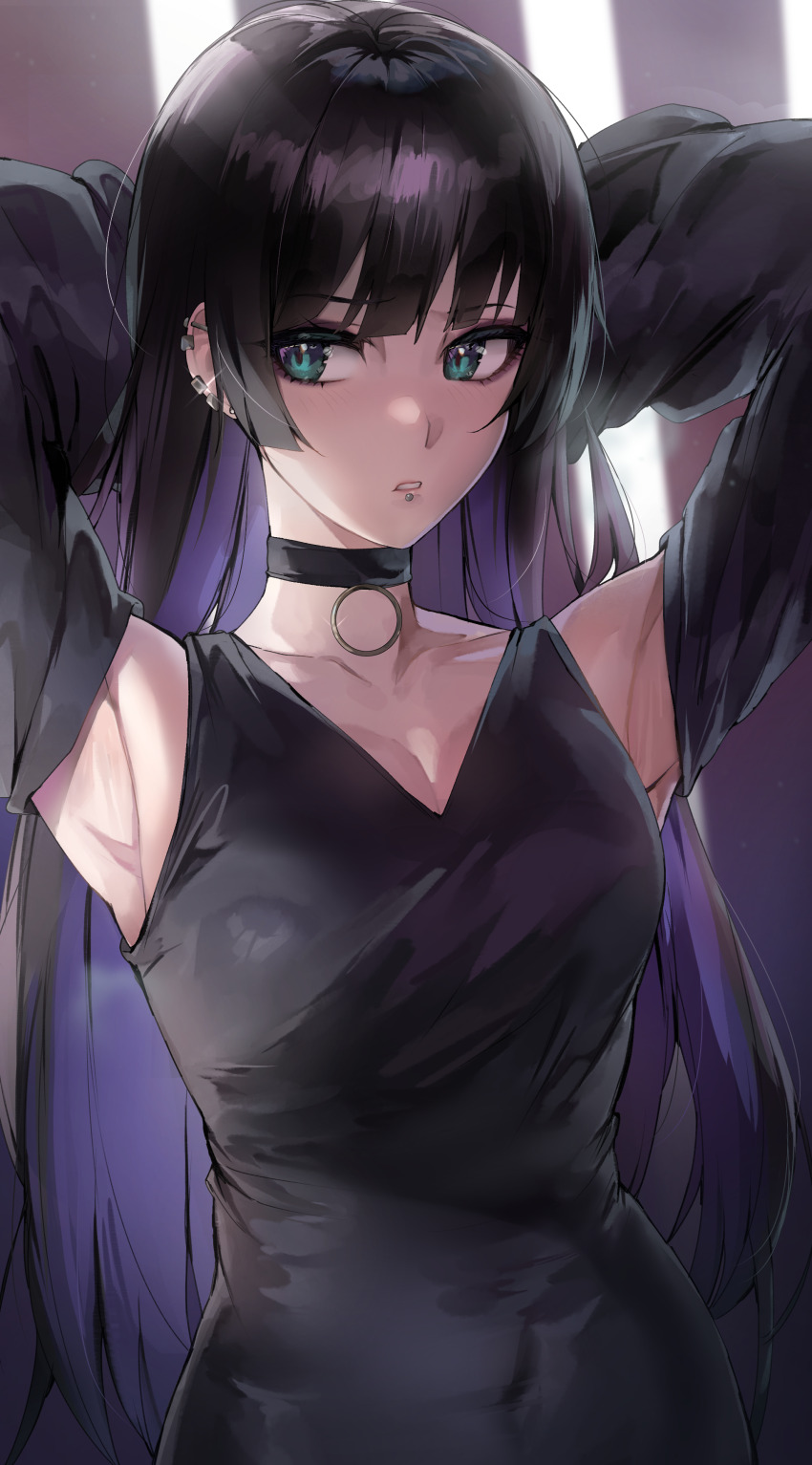 1girl, absurdres, aqua_eyes, armpits, arms_up, black_choker, black_dress, black_hair