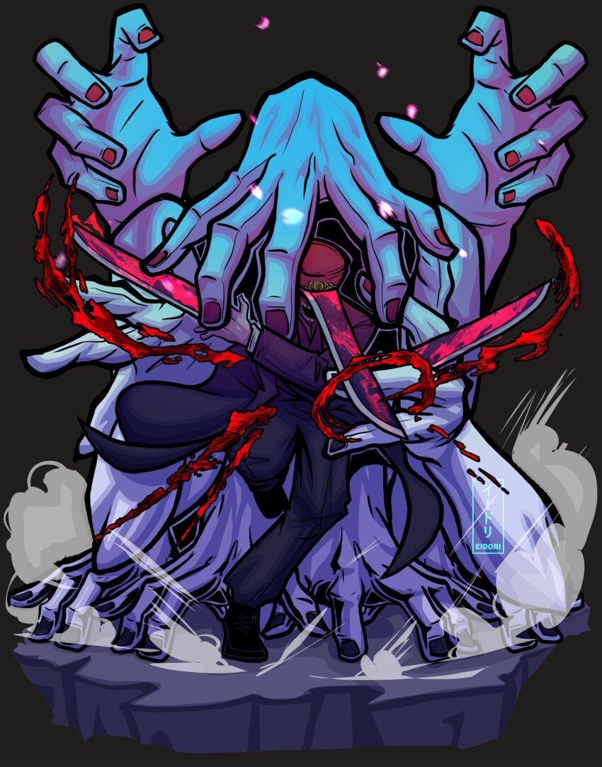 1girl, artist_name, black_coat, black_footwear, black_pants, black_shirt, blood, blood_spray