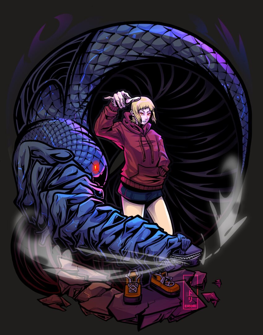 1girl, 1other, arm_up, artist_name, blonde_hair, chainsaw_man, eidori, extra_arms