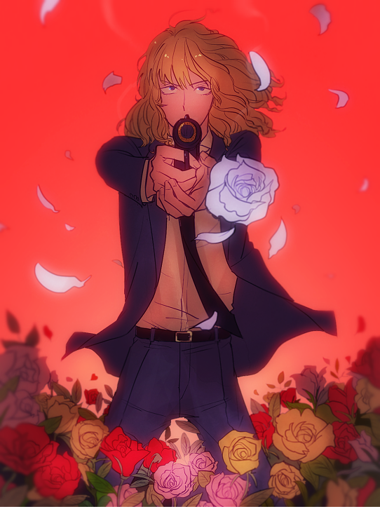 1boy, aiming, aiming_at_viewer, belt, belt_buckle, black_necktie, blonde_hair, blue_eyes, blue_pants, buckle, dorian_red_gloria, eroica_yori_ai_o_komete, falling_petals, finger_on_trigger, flower, formal_clothes, gun, handgun, holding, holding_gun, holding_weapon, jacket, long_hair, looking_at_viewer, male_focus, mari-mason, necktie, pants, petals, pink_flower, pink_rose, red_background, red_flower, red_rose, rose, rose_petals, serious, solo, suit, weapon, white_flower, white_rose, yellow_flower, yellow_rose