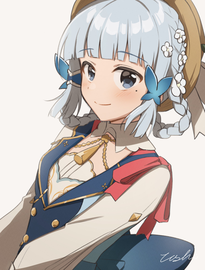 1girl, absurdres, ayaka_(genshin_impact), blue_eyes, blue_hair, blunt_bangs, blush, braid, butterfly_hair_ornament, closed_mouth, collar, commentary_request, flower, genshin_impact, hair_flower, hair_ornament, hair_up, highres, kamisato_ayaka, kamisato_ayaka_(springbloom_missive), light_blue_hair, looking_at_viewer, mole, mole_under_eye, official_alternate_costume, signature, simple_background, smile, solo, tasi_y, upper_body, white_background, white_collar