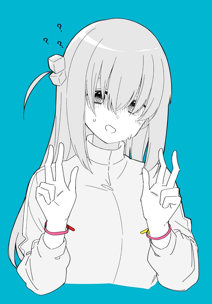 1girl, ?, ??, bent_v, blue_background, bocchi_the_rock!, bracelet, cable_tie