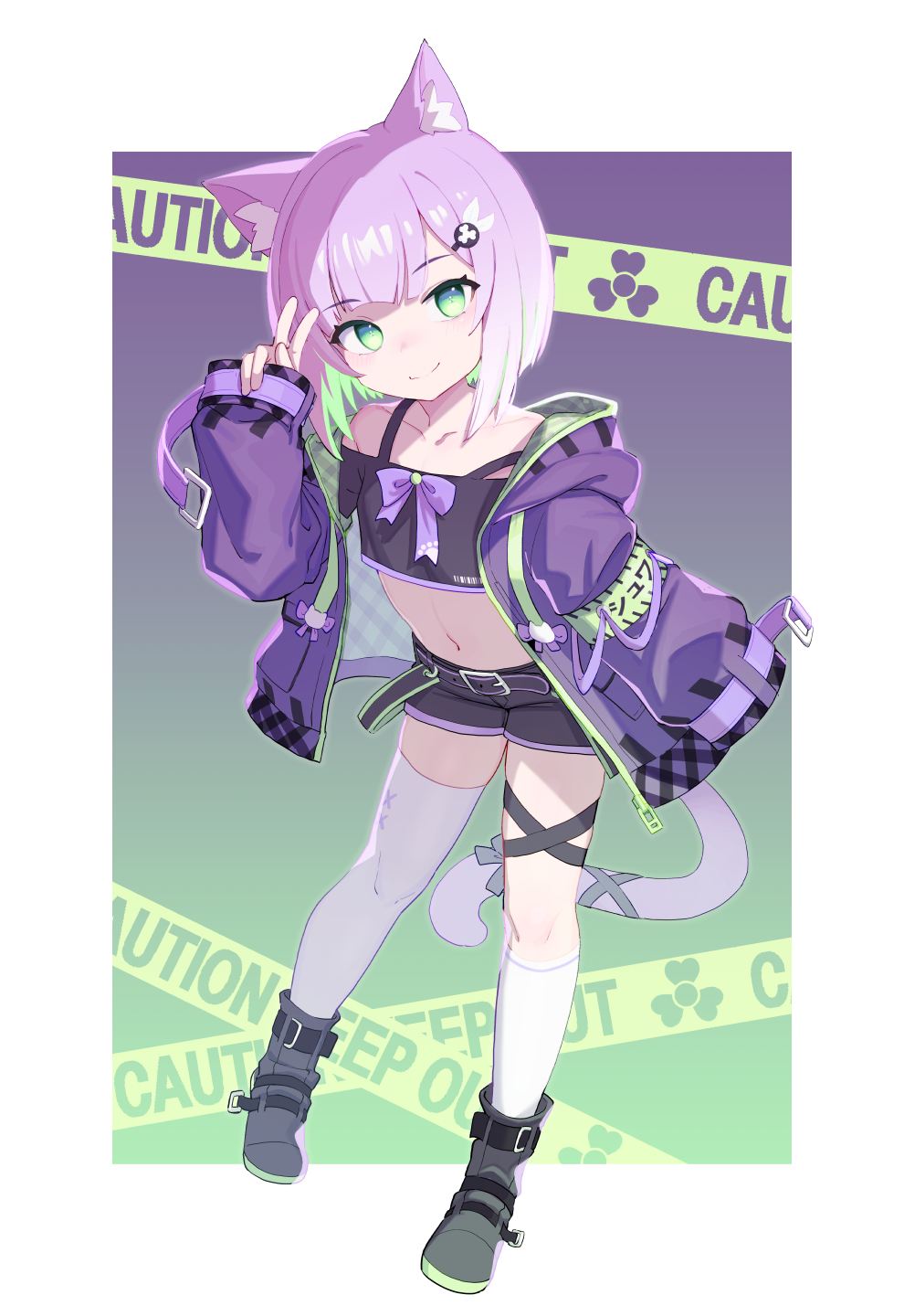 1girl, animal_ears, asymmetrical_legwear, belt, black_shirt, black_shorts, boots, cat_ears