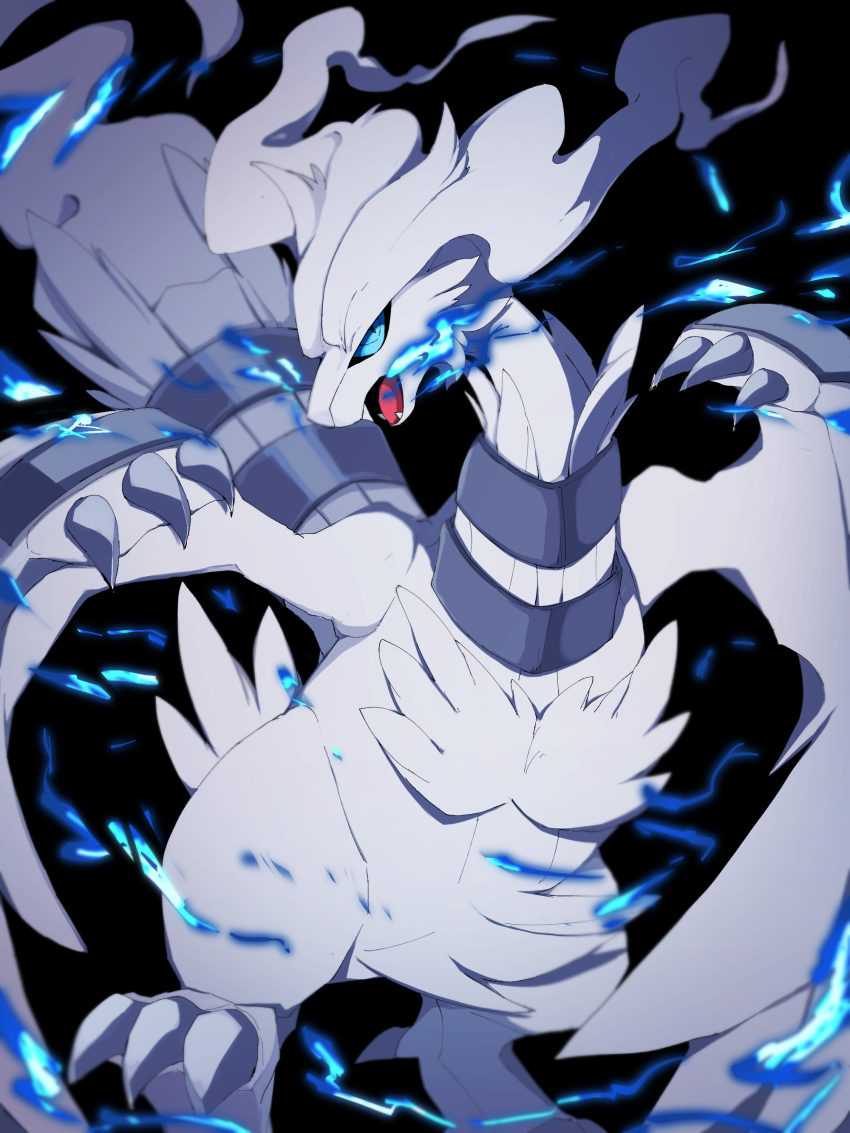 absurdres, black_background, blue_eyes, blue_fire, blurry, breath_weapon, breathing_fire, claws, commentary, fangs, fire, gen_5_pokemon, highres, kou11021301, legendary_pokemon, looking_at_viewer, nintendo, no_humans, open_mouth, pokemon, pokemon_(creature), reshiram, solo, untranslatable_commentary, tongue