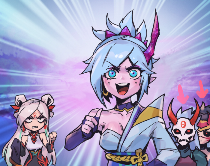 3girls, :d, angry, arrow_(symbol), black_dress, black_sclera, blood_moon_kalista, character_request