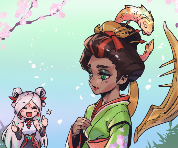 2girls, :d, bare_shoulders, brown_hair, closed_eyes, floral_print, grass, green_eyes