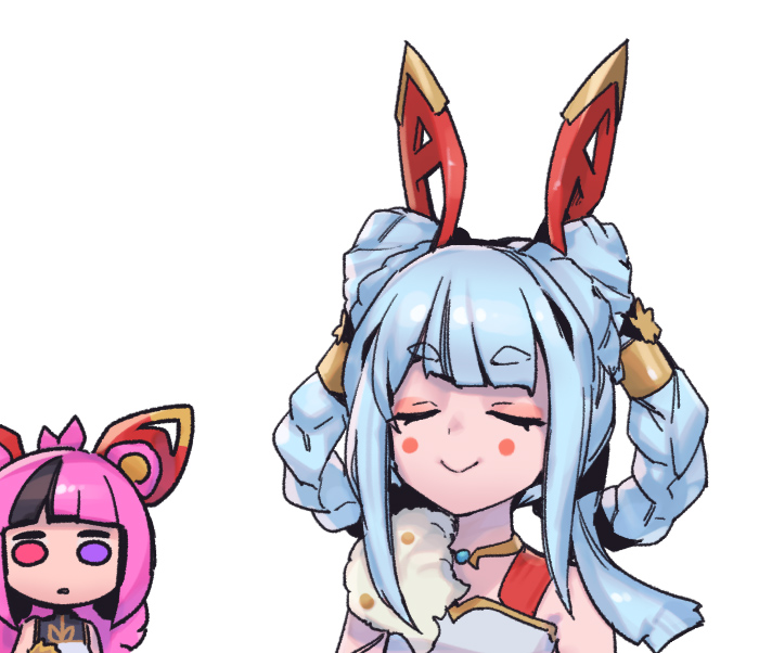 2girls, animal_ears, black_hair, blush_stickers, braid, closed_eyes, fake_animal_ears, fur_trim