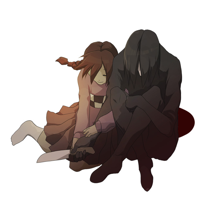 1boy, 1girl, braid, dakkarubi, knife, madotsuki, pink_shirt, sekomumasada_sensei