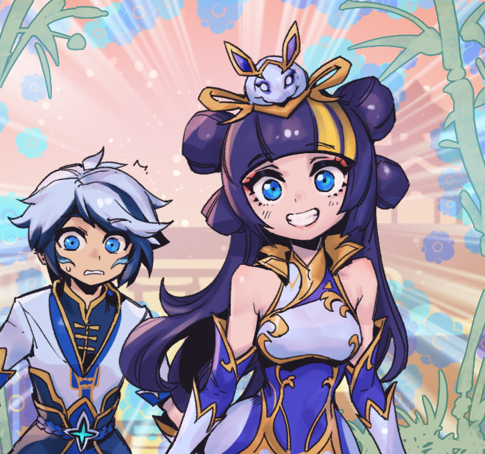 1boy, 1girl, ^^^, bare_shoulders, belt, black_hair, blonde_hair, blue_belt