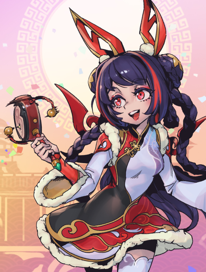 1girl, :d, black_dress, black_hair, braid, double_bun, dress, fur-trimmed_dress