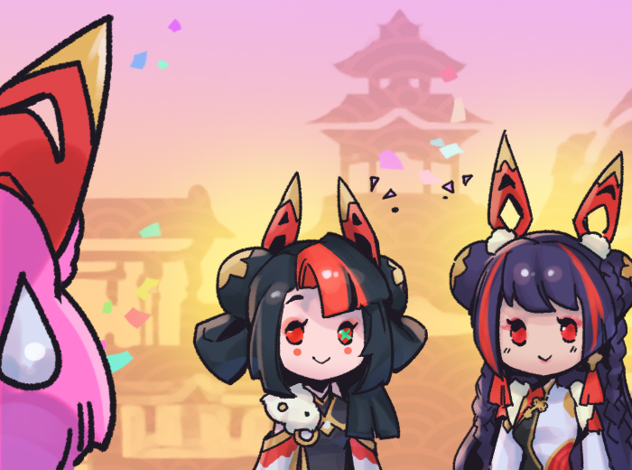 3girls, animal_ears, bare_shoulders, black_hair, blush_stickers, braid, closed_mouth, double_bun