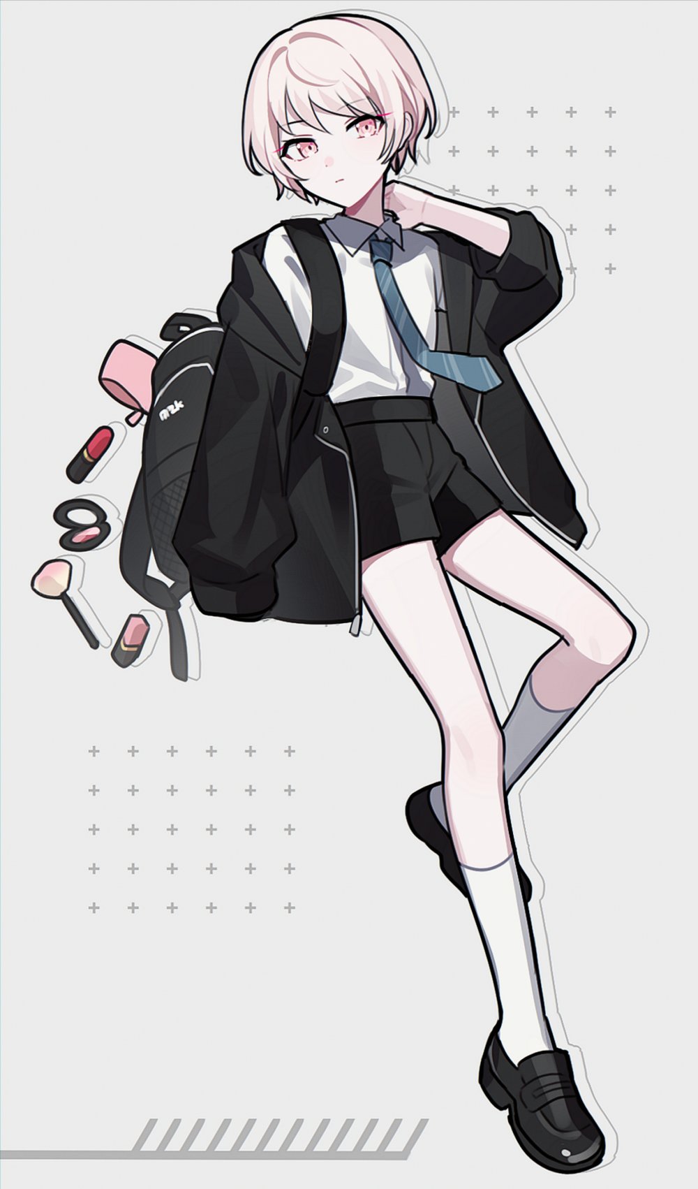 1other, aged_down, akiyama_mizuki, akiyama_mizuki_(middle_school), androgynous, arms_behind_head, backpack, bag, black_bag, black_jacket, black_shoes, black_shorts, blue_necktie, closed_mouth, collared_shirt, floating_neckwear, full_body, grey_background, hand_mirror, highres, jacket, lipstick, loafers, long_sleeves, makeup, makeup_brush, mirror, necktie, pink_eyes, pink_hair, project_sekai, shirt, shoes, short_hair, shorts, simple_background, socks, solo, waka_(wk4444), white_shirt, white_socks