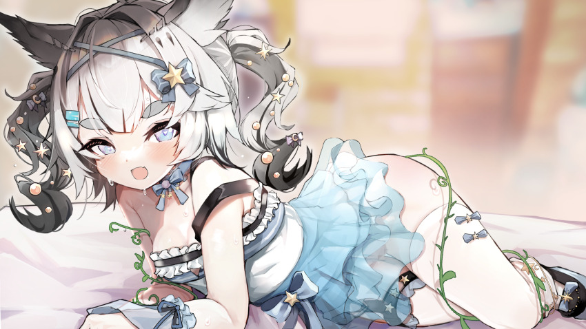 1girl, :d, bare_shoulders, black_hair, blue_eyes, blush, breasts, cleavage