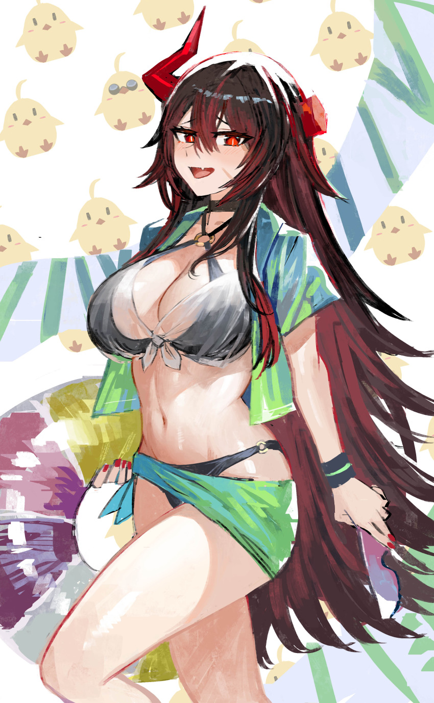 1girl, absurdres, azur_lane, bikini, black_hair, breasts, cleavage, fang, highres, horns, kaki_z3, large_breasts, long_hair, looking_at_viewer, magdeburg_(azur_lane), magdeburg_(gone_fishing)_(azur_lane), manjuu_(azur_lane), multicolored_hair, nail_polish, navel, red_eyes, see-through_clothes, see-through_shirt, solo, sunglasses, swimsuit