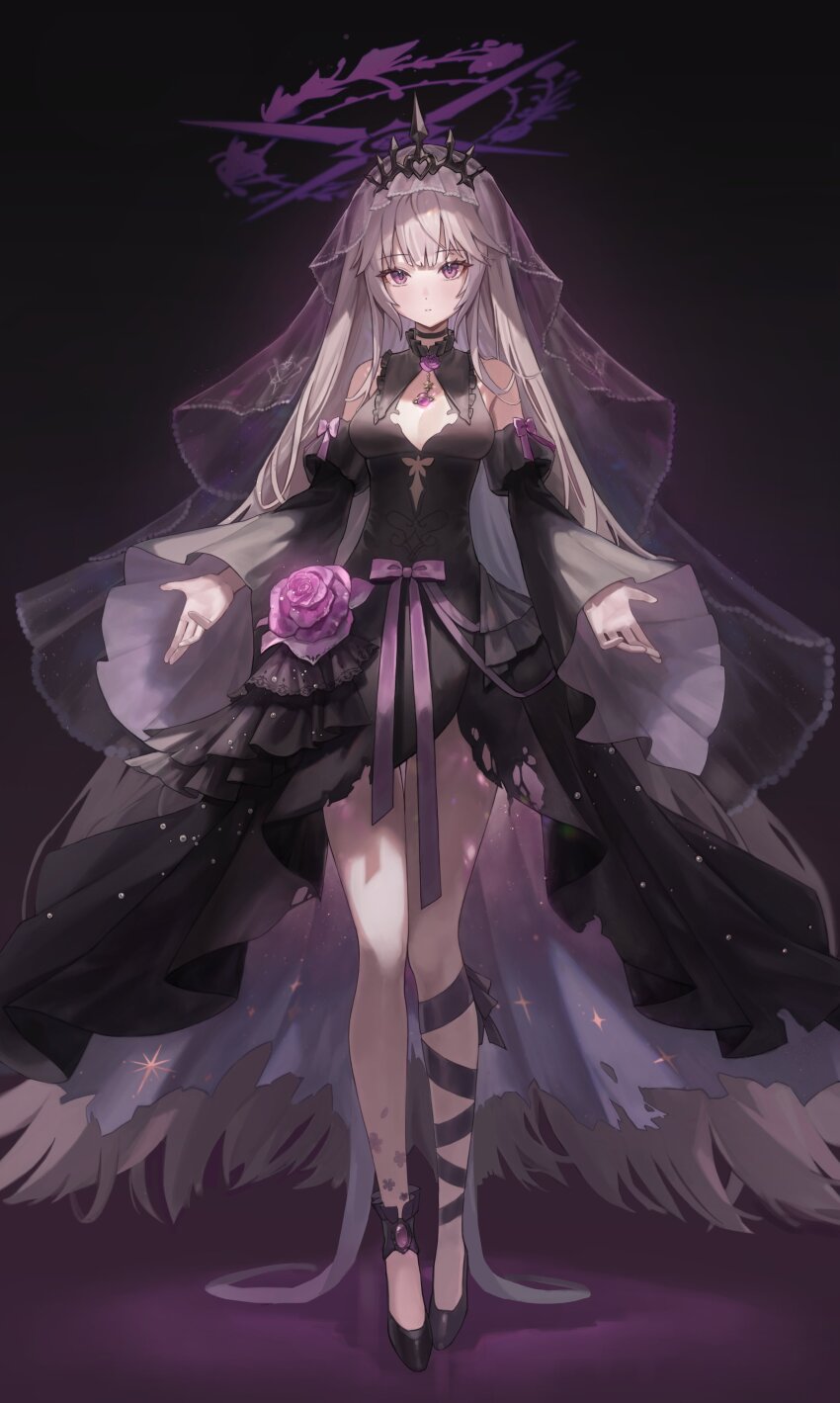 1girl, absurdly_long_hair, absurdres, bare_shoulders, black_background, black_dress, black_footwear, black_ribbon