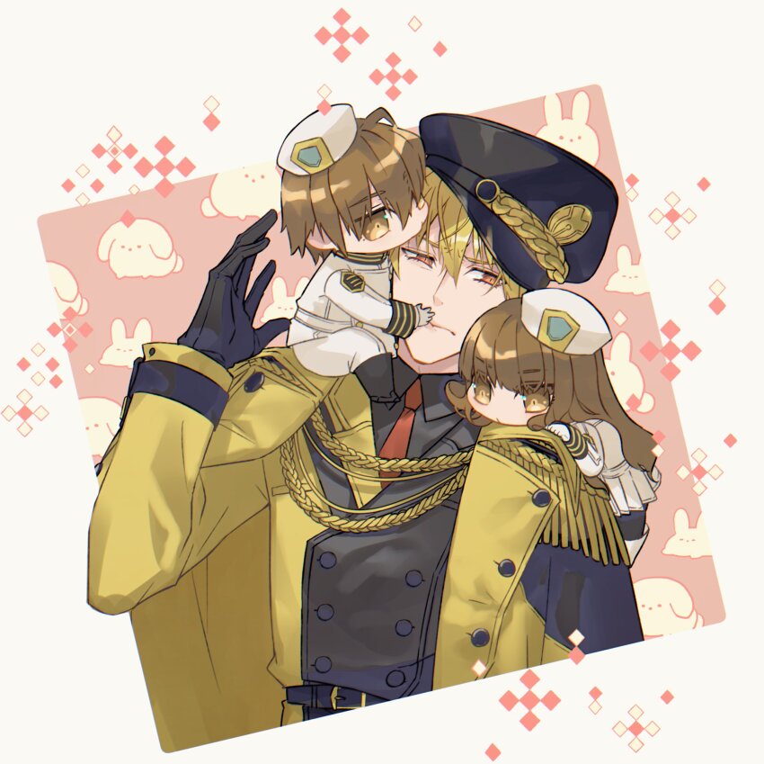 1girl, 2boys, aiguillette, animal_background, belt, bikini, black_belt, black_footwear