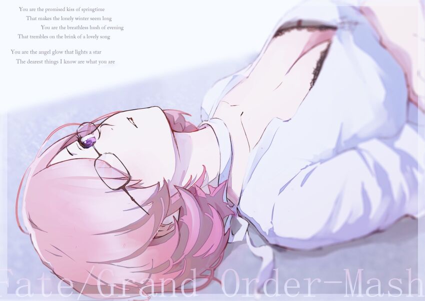1girl, breasts, cleavage, english_text, fate/grand_order, fate_(series), fudao_yuanzai, glasses, highres, large_breasts, mash_kyrielight, medium_breasts, one_eye_covered, pink_hair, portrait, purple_eyes, short_hair, solo