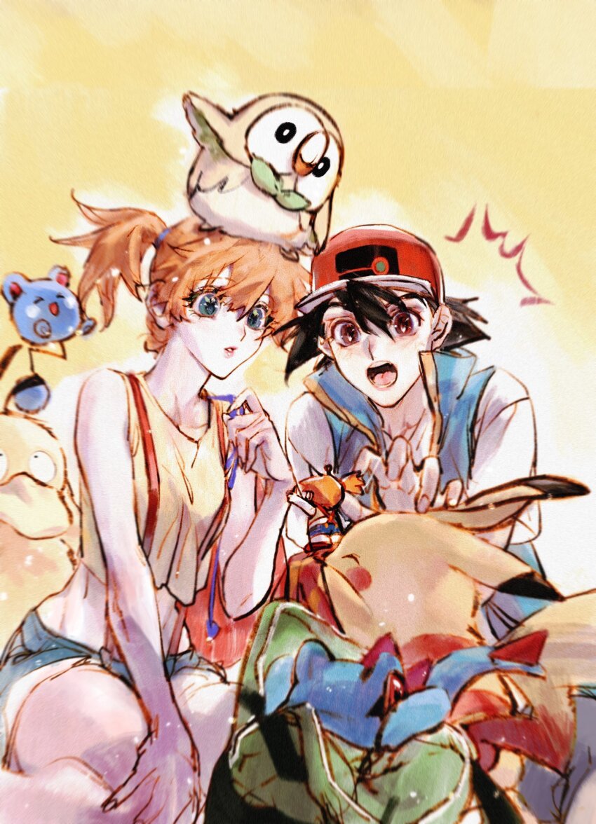 1boy, 1girl, ash_ketchum, asymmetrical_hair, azurill, bare_legs, black_hair, blush