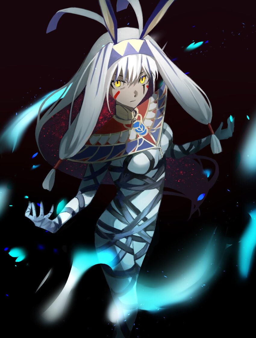 1girl, animal_ears, bandages, black_background, dark-skinned_female, dark_skin, facial_mark, fate/grand_order