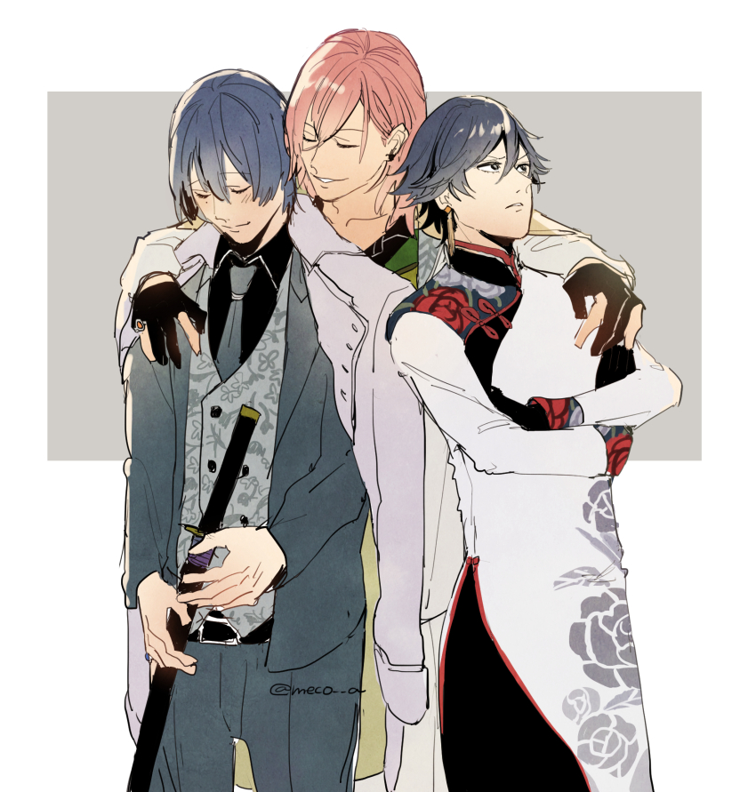 3boys, arm_around_shoulder, belt, black_belt, black_eyes, black_gloves, black_pants, black_shirt