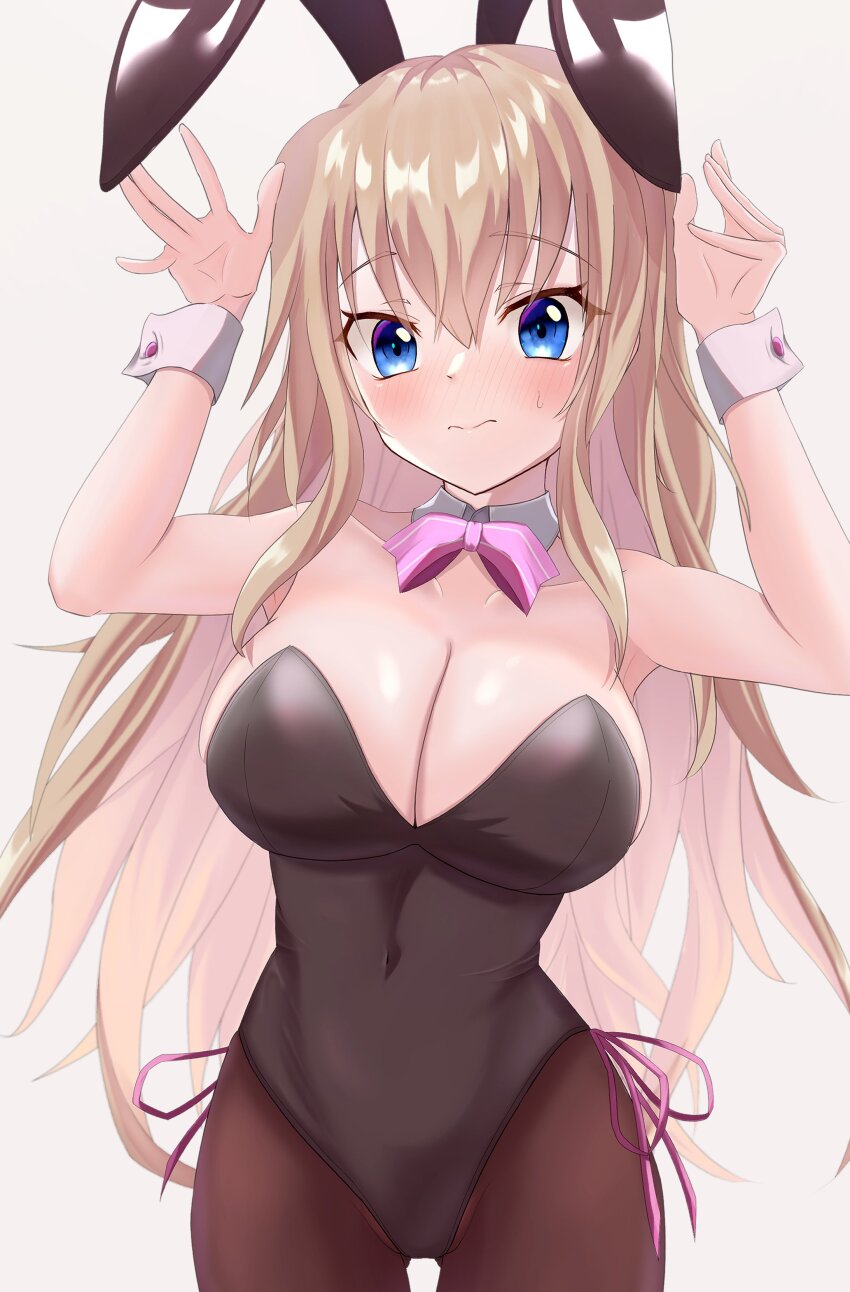 1girl, 9-nine-, absurdres, animal_ears, bare_shoulders, black_leotard, blue_eyes, blush