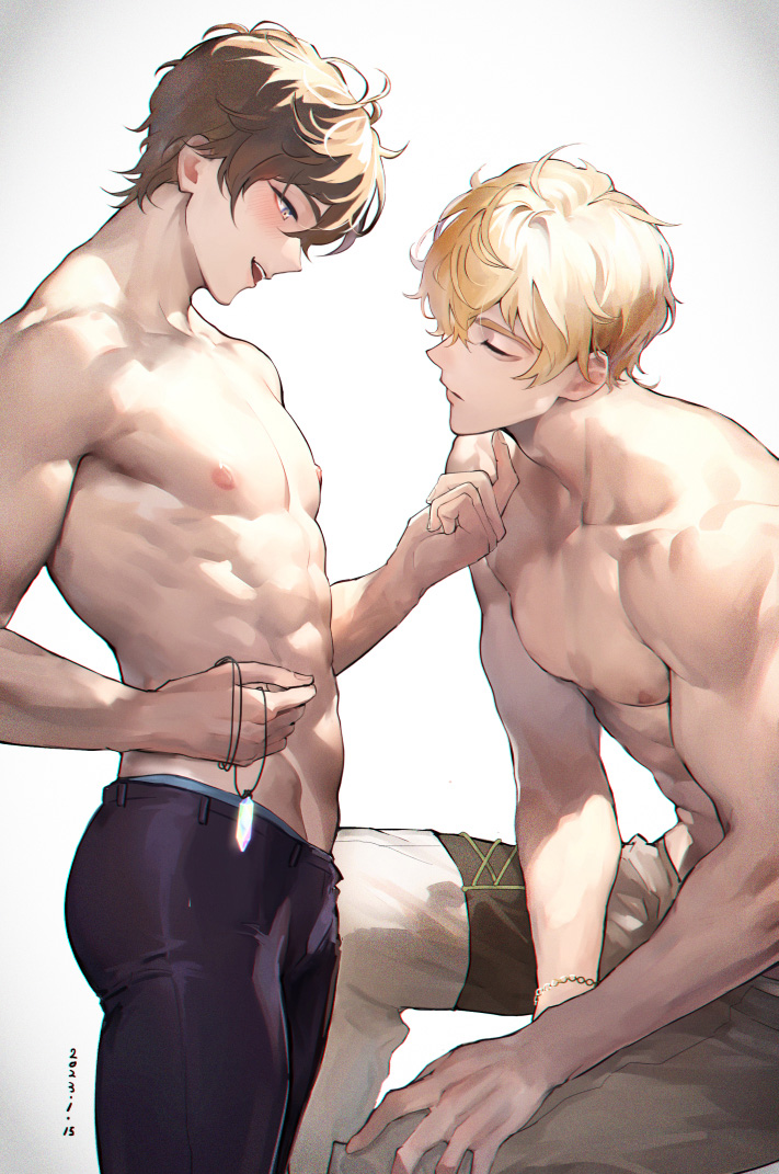 2boys, abs, black_pants, blonde_hair, brown_hair, closed_eyes, eiden_(nu_carnival), holding, holding_jewelry, holding_necklace, jewelry, large_pectorals, looking_at_another, male_focus, multiple_boys, muscular, muscular_male, navel, necklace, nipples, nu_carnival, owner_bird, pants, pectorals, quincy_(nu_carnival), short_hair, smile, topless_male, white_pants, yaoi