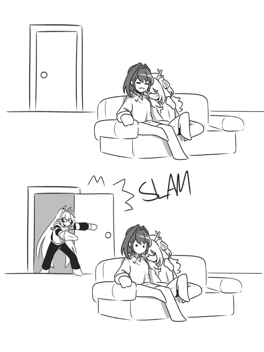 3girls, absurdres, antlers, ceres_fauna, comic, couch, cuddling, door