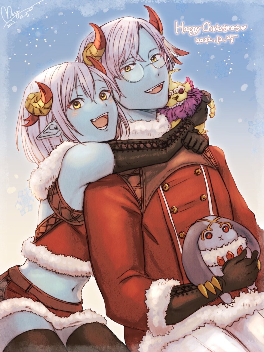 1boy, 1girl, alternate_costume, another_eden, bare_shoulders, black_gloves, black_thighhighs, blue_skin, brother_and_sister, christmas, coat, colored_skin, cowboy_shot, crop_top, dated, elbow_gloves, fangs, fur-trimmed_coat, fur-trimmed_shirt, fur-trimmed_skirt, fur_trim, glasses, gloves, grey_hair, hair_between_eyes, highres, horns, komugiko_no_mori, lace-up_gloves, long_sleeves, looking_at_viewer, midriff, monster_boy, monster_girl, myrus_(another_eden), navel, open_mouth, pants, parted_bangs, pointy_ears, red_coat, shirt, short_hair, siblings, sitting, skirt, smile, snow, thighhighs, vares_(another_eden), white_pants, zettai_ryouiki
