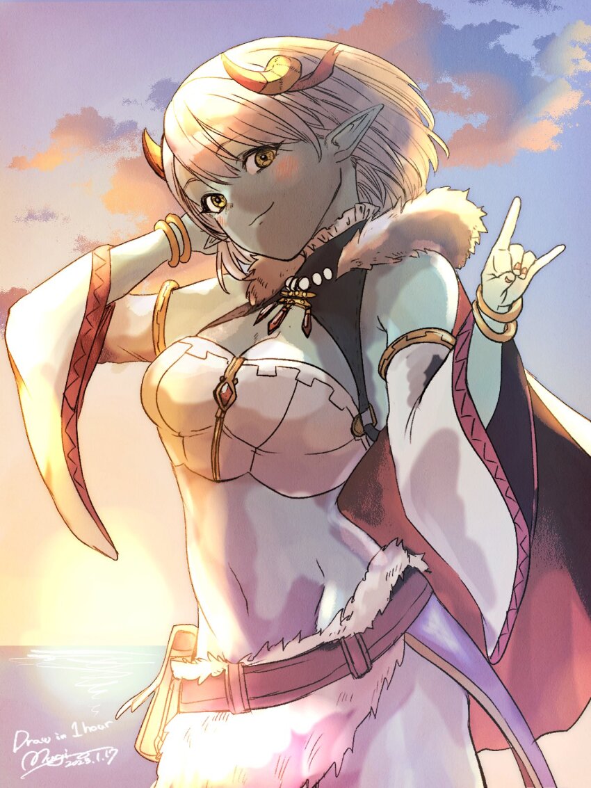 1girl, \n/, another_eden, bangle, bare_shoulders, bracelet, breasts, cape, cleavage, cleavage_cutout, clothing_cutout, colored_skin, cowboy_shot, crop_top, dated, detached_sleeves, fur-trimmed_cape, fur_skirt, fur_trim, green_skin, grey_hair, hand_in_own_hair, highres, horns, jewelry, komugiko_no_mori, long_sleeves, looking_at_viewer, medium_breasts, midriff, monster_girl, myrus_(another_eden), ocean, outdoors, pointy_ears, red_cape, short_hair, side_slit, signature, smile, solo, sunset, wide_sleeves, yellow_eyes