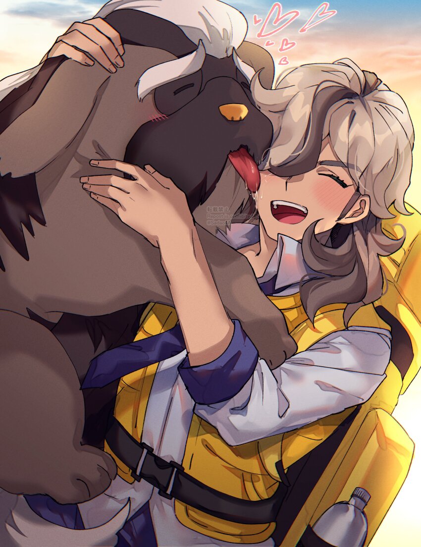 1boy, :d, absurdres, affectionate, arven_(pokemon), asada_sadao, backpack, bag, blush, brown_hair, closed_eyes, commentary_request, eyelashes, hair_over_one_eye, heart, highres, holding, holding_pokemon, licking, licking_another's_face, long_hair, mabosstiff, male_focus, necktie, nintendo, open_mouth, outdoors, pants, pokemon, pokemon_(creature), pokemon_scarlet_and_violet, shirt, sky, smile, teeth, three-quarter_sleeves, tongue, upper_teeth_only, vest, watermark, yellow_bag, yellow_vest