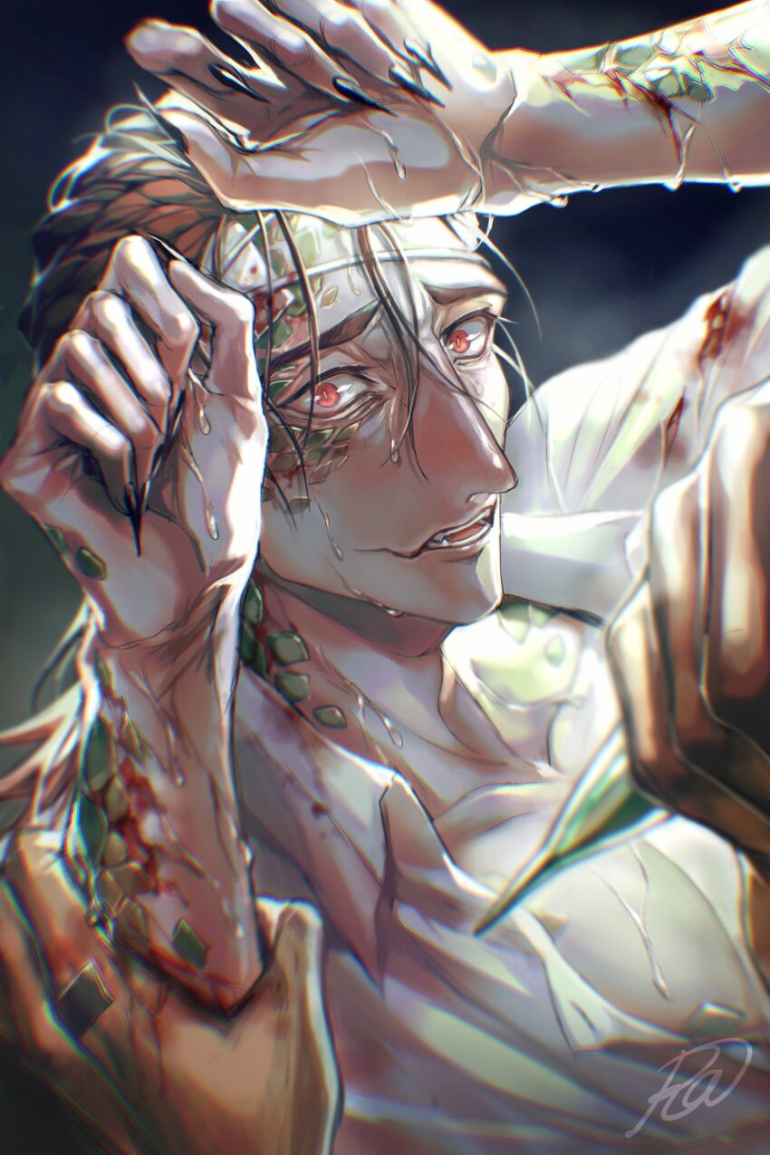 1boy, absurdres, arm_grab, black_background, black_nails, blood, blood_on_arm, blood_on_clothes