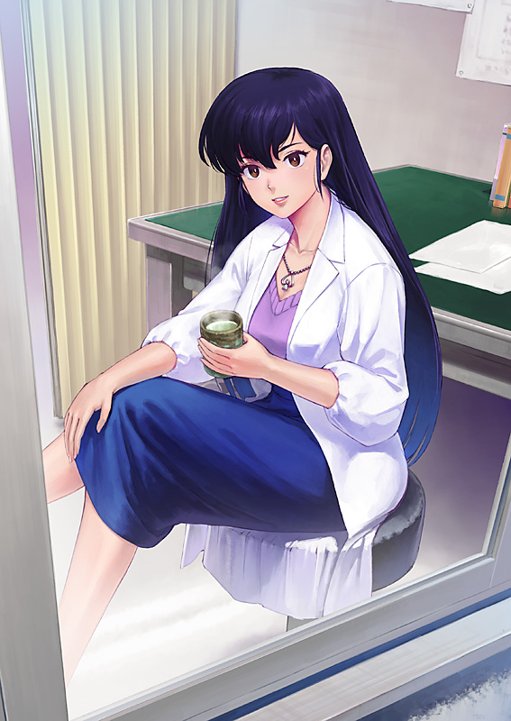 1girl, black_hair, brown_eyes, coat, crossed_legs, cup, desk, from_outside