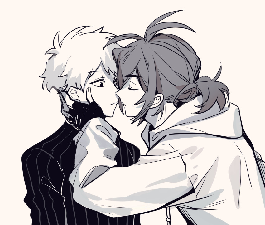 2boys, atou_haruki, chinese_commentary, closed_eyes, commentary_request, fingerless_gloves, gloves, greyscale