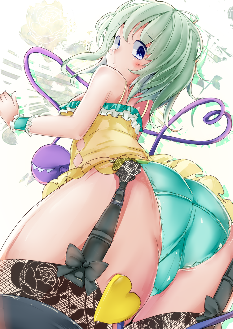 1girl, aqua_panties, ass, bare_shoulders, blue_eyes, blush, dress, eyeball, fishnets, floral_print, from_behind, furrowed_brow, garter_belt, heart, heart_of_string, jyaoh0731, komeiji_koishi, light_green_hair, looking_at_viewer, looking_back, medium_hair, missing_headwear, nose, off-shoulder_dress, off_shoulder, panties, rose_print, short_dress, solo, third_eye, touhou, underwear, wavy_hair, wrist_cuffs, yellow_dress