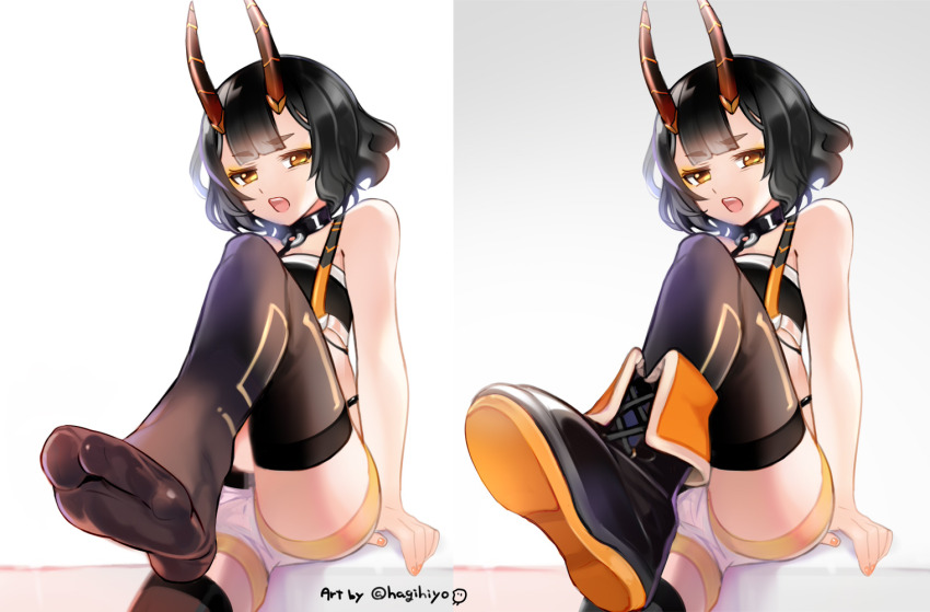 1girl, black_hair, collar, feet, hagihiyo_(hagihiyo525), horns, looking_at_viewer, medium_hair