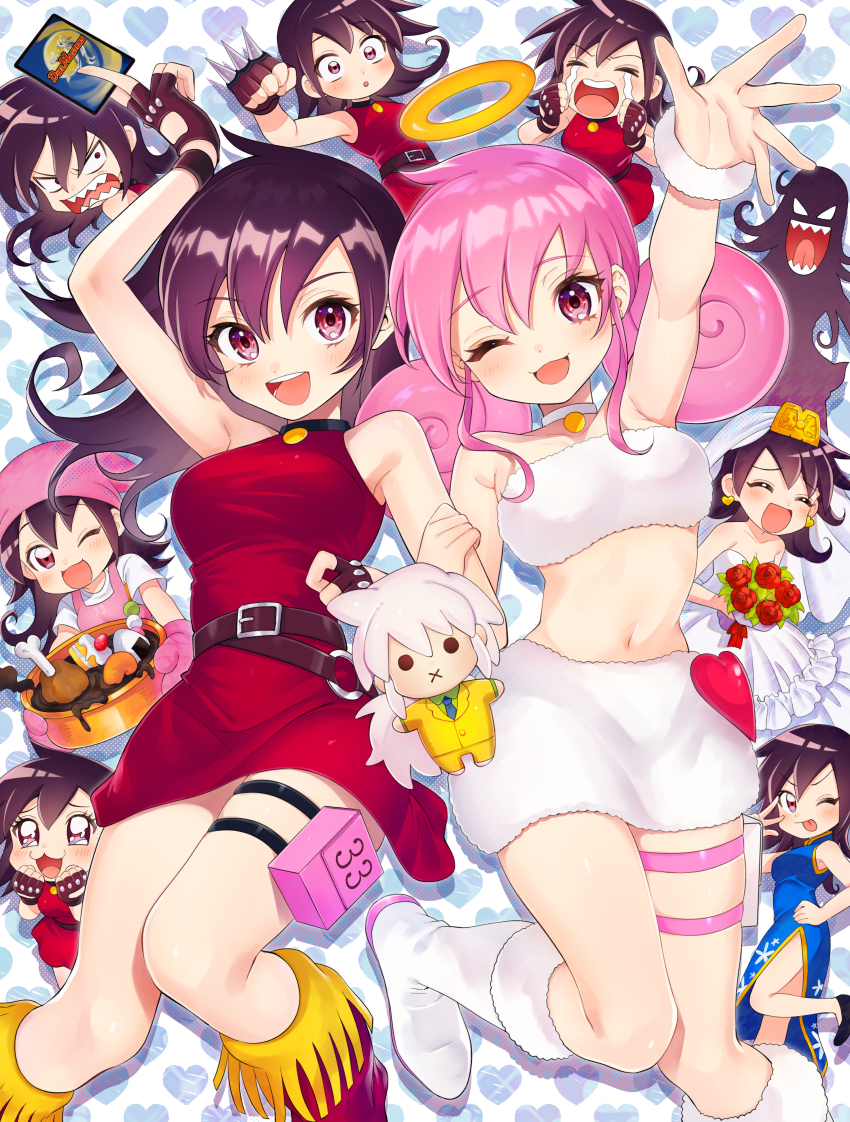 6+girls, absurdres, black_gloves, buttons, cake, cake_slice, card, chicken_(food), chinese_clothes, dango, donut, dress, duel_masters, duel_masters_(classic), flower, food, formal_clothes, gloves, halo, heart_button, highres, kosi, multiple_girls, onigiri, pink_hair, purple_eyes, purple_hair, red_dress, red_flower, red_rose, rose, sanshoku_dango, skirt, suit, tasogare_mimi, wagashi, wedding_dress, white_footwear, white_hair, white_skirt, yellow_suit