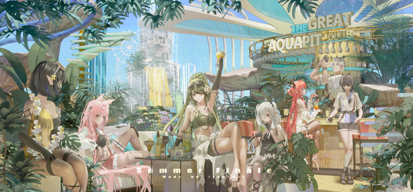 2boys, 5girls, :d, absurdly_long_hair, absurdres, animal_ear_fluff, animal_ears, architecture