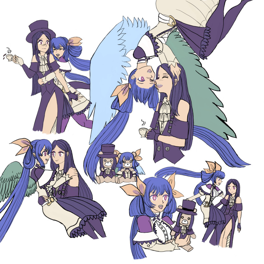 1girl, 1other, blue_hair, cup, dizzy_(guilty_gear), dress, guilty_gear, guilty_gear_strive, happy, highres, hug, hug_from_behind, long_hair, looking_at_another, moontears, red_eyes, smile, tail, teacup, testament_(guilty_gear), twintails, wings