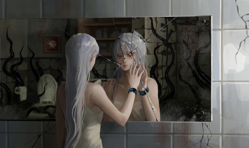 1girl, absurdres, arknights, bathroom, blood, broken_mirror, chinese_commentary, closed_mouth