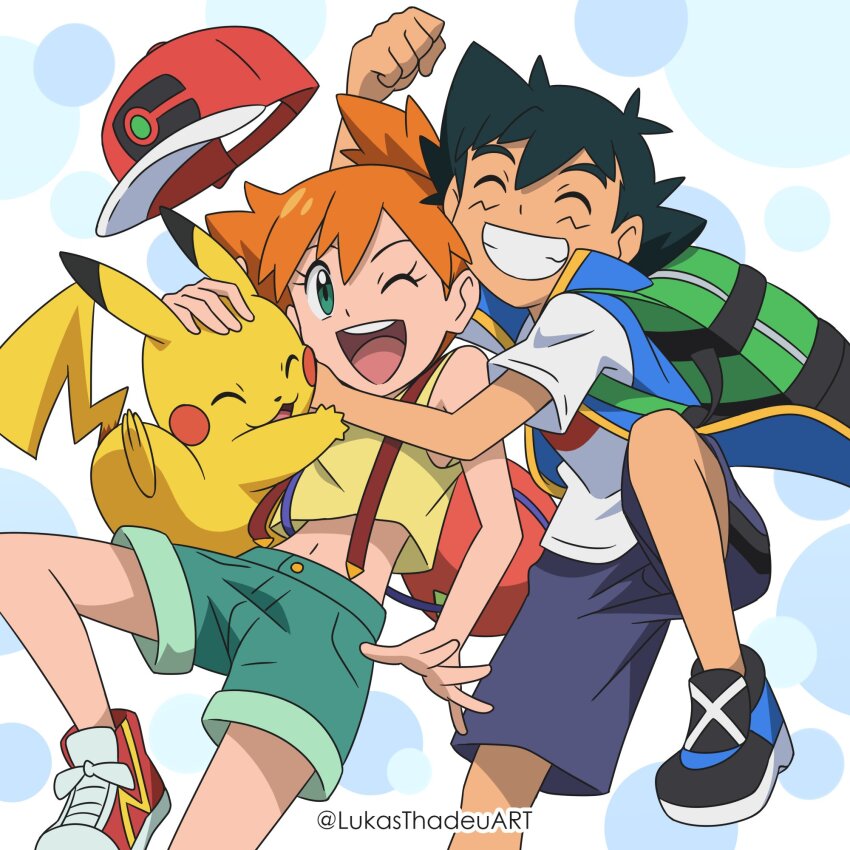 1boy, 1girl, ;d, ^_^, ash_ketchum, baseball_cap, black_hair, closed_eyes