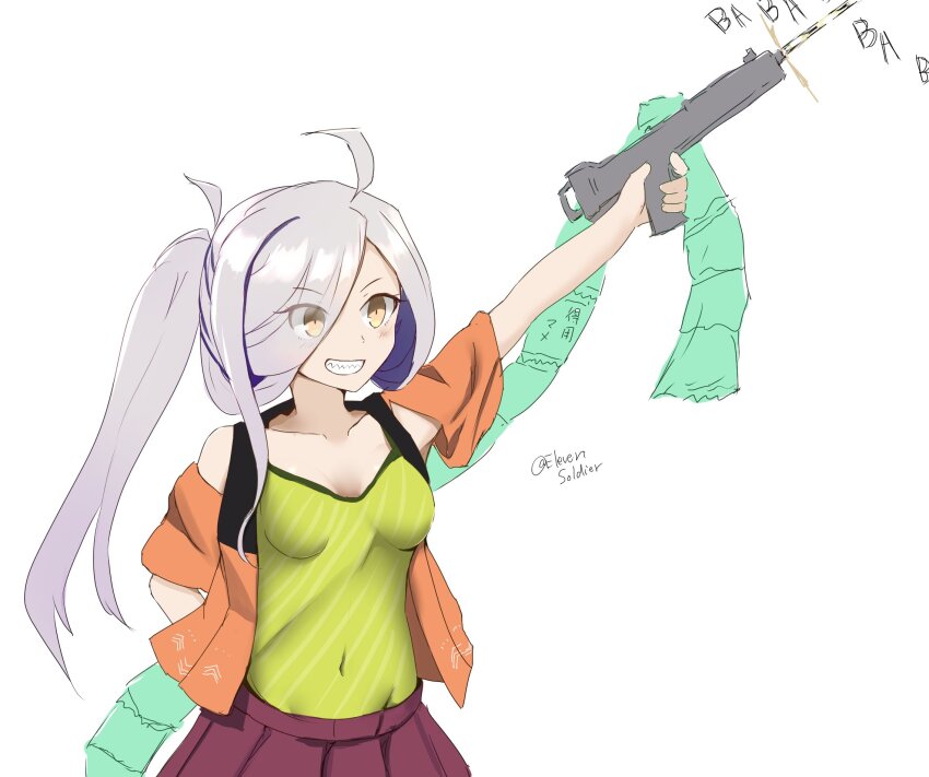 1girl, ahoge, asashimo_(kancolle), brown_eyes, camisole, commentary_request, cowboy_shot, eyes_visible_through_hair, firing, grey_hair, grin, gun, hair_over_one_eye, happi, highres, holding, holding_gun, holding_weapon, japanese_clothes, kantai_collection, long_hair, machine_gun, minoa_11touhei, one-hour_drawing_challenge, open_clothes, ponytail, sachet, sharp_teeth, simple_background, smile, solo, teeth, weapon, white_background, yellow_camisole